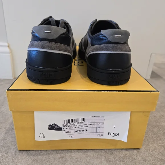 $990 Fendi Step FF Logo Embr Leather Sneakers Black & Gray EU 43 UK 9 US 10 BNIB